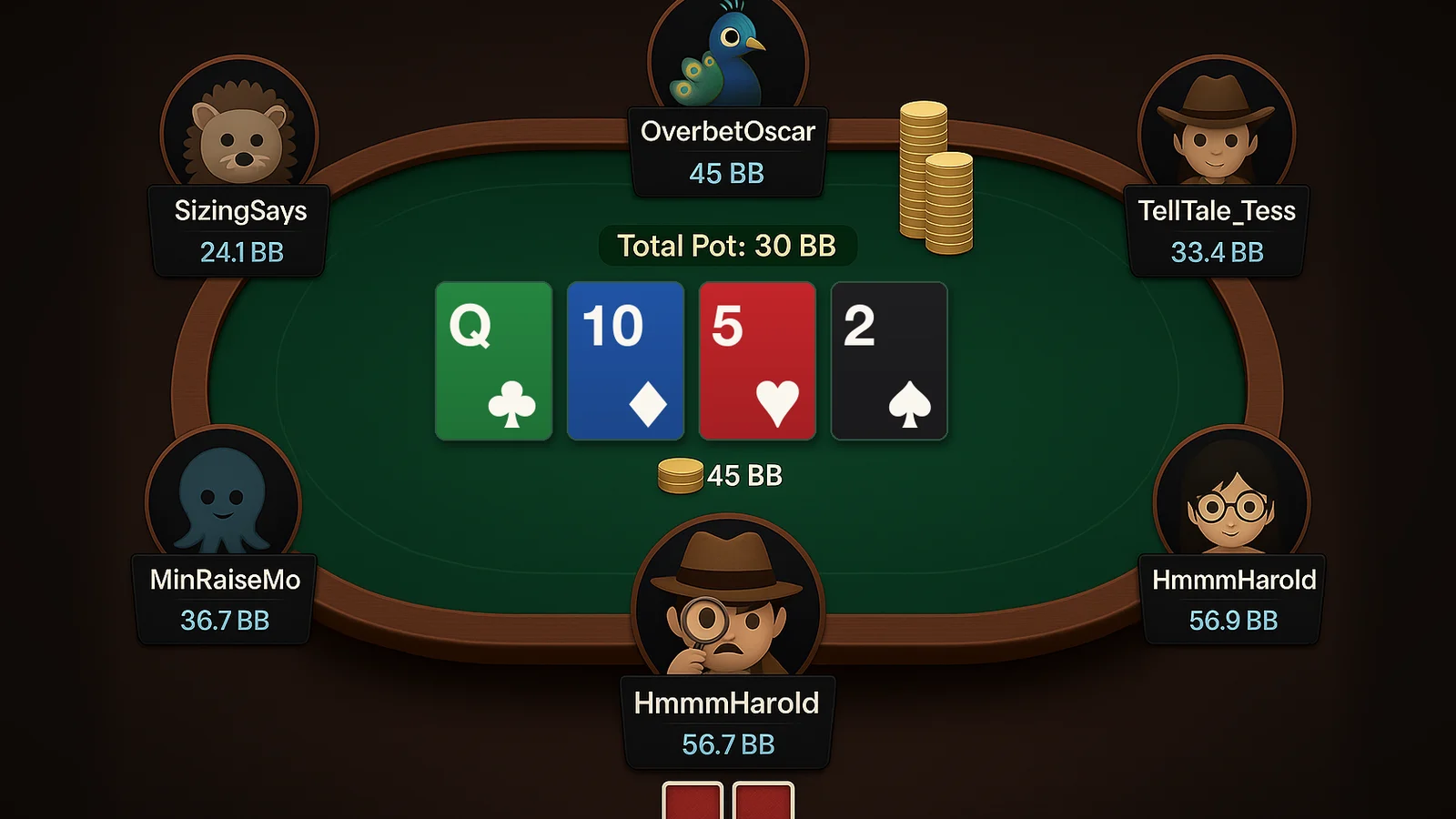 An online poker table where a peacock overbets 45 big blinds into a 30 big blind pot as a detective studies it