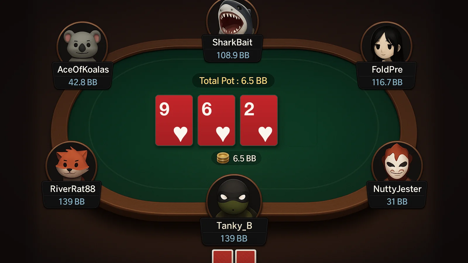 An online poker table with a monotone flop of nine, six and two of hearts