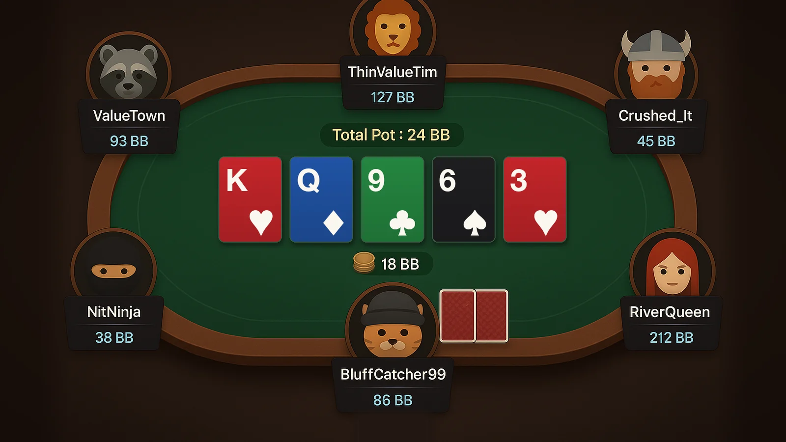 An online poker table on the river, king-queen-nine-six-three, with an 18 big blind bet in the pot