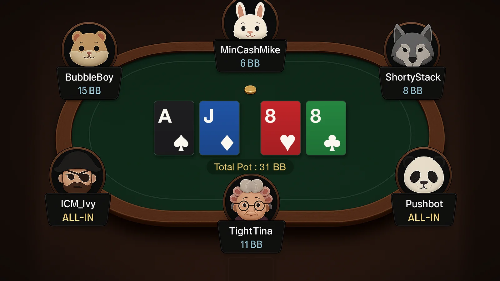 An online tournament table on the bubble: ace-jack all in against a pair of eights, everyone short-stacked