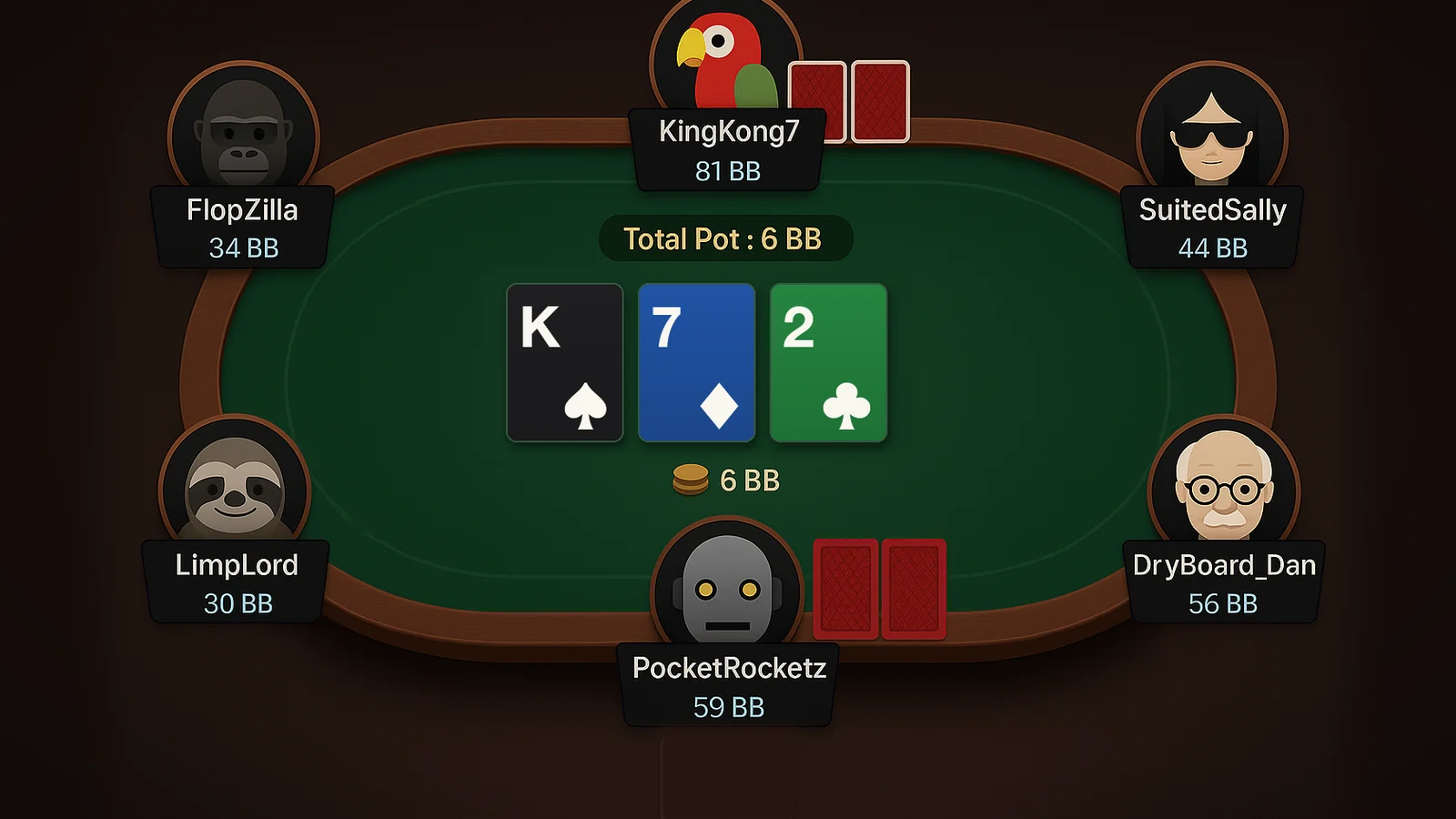 An online poker table with a dry flop of king of spades, seven of diamonds and two of clubs, two players left in the hand