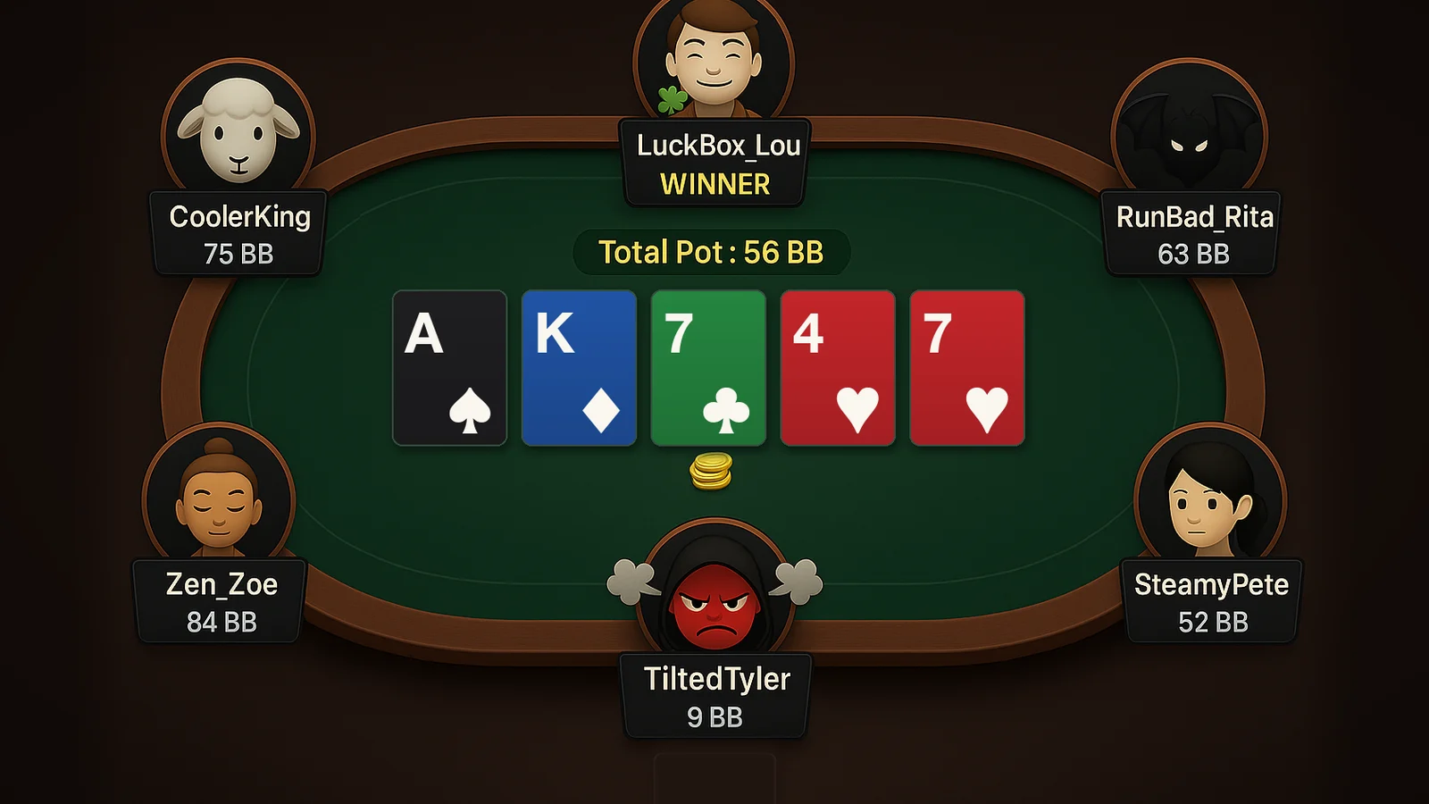 An online poker table after a bad beat: a steaming player down to 9 big blinds as the pot goes to the winner